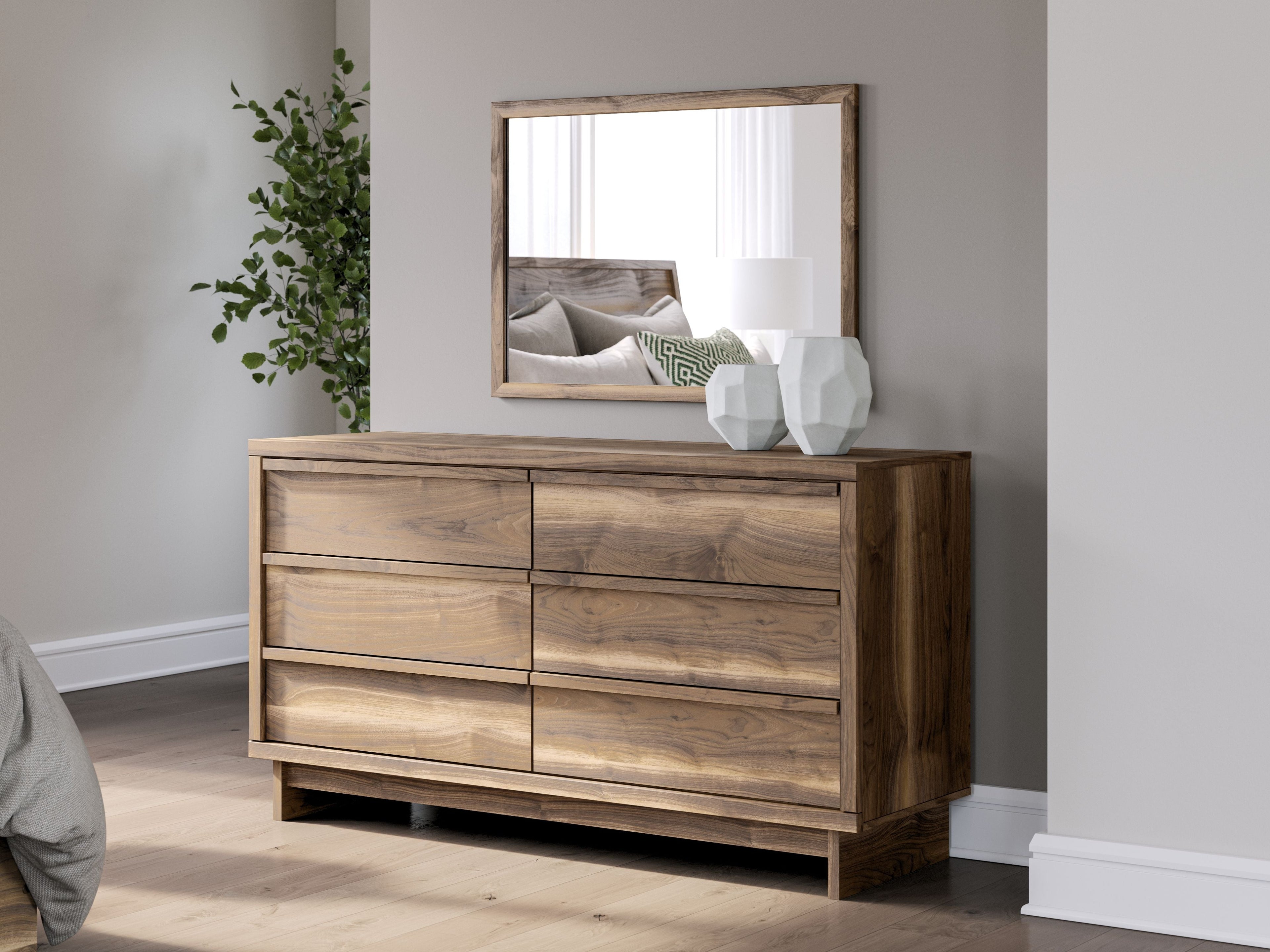 Chirason - Marron - Commode à six tiroirs et miroir